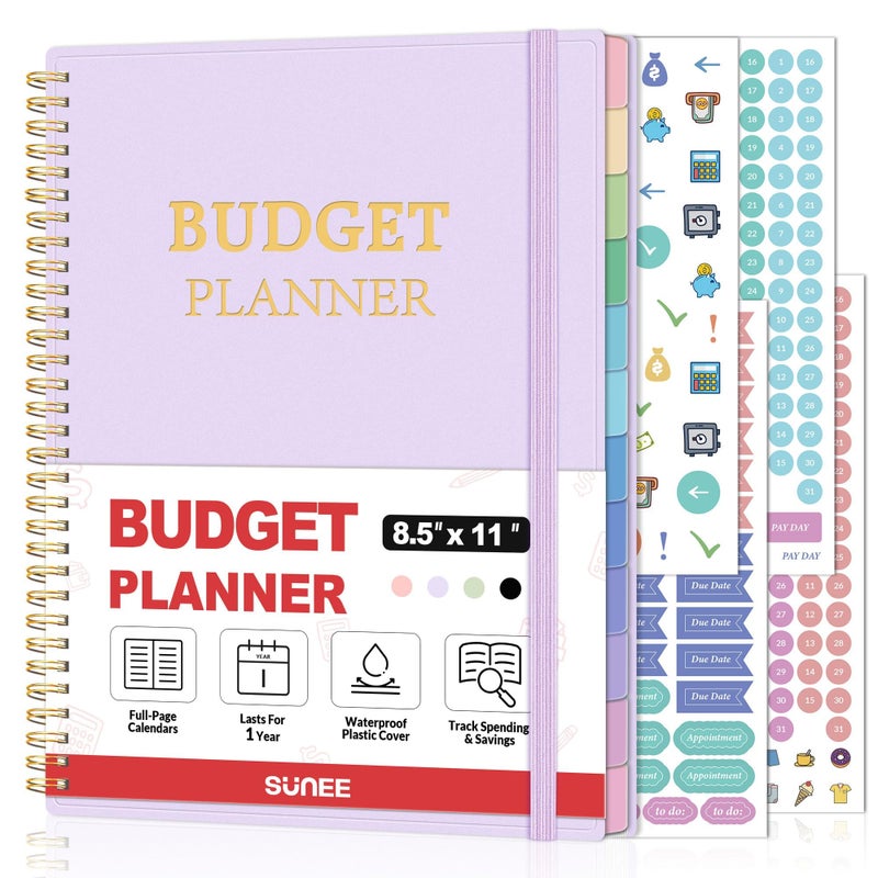 ساني مخطط ميزانية SUNEE - كتاب ميزانية شهرية مع دفتر ملاحظات لتتبع النفقات، مقاس A4 (8.5 بوصة × 11 بوصة) غير مؤرخ، منظم فواتير لمدة 12 شهرًا ومخطط مالي لإدارة أموالك، دفتر حسابات مع علامة تبويب ملونة، أرجواني - Image 1